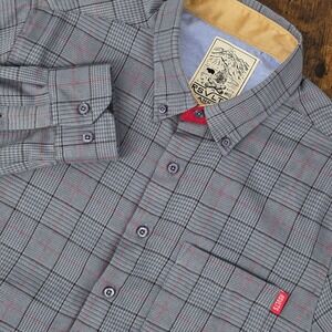 RSVLTS Flannel Long Sleeve Button Down Gray Red Plaid Shirt Hand Pockets Men's S